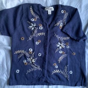 Simply Susan short sleeve blue cardigan, size 1X, with floral beige embroidery